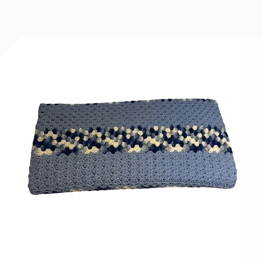 Handmade Crochet Throw Blanket Unisex‎ 48x39 Blue Striped Excellent Afghan